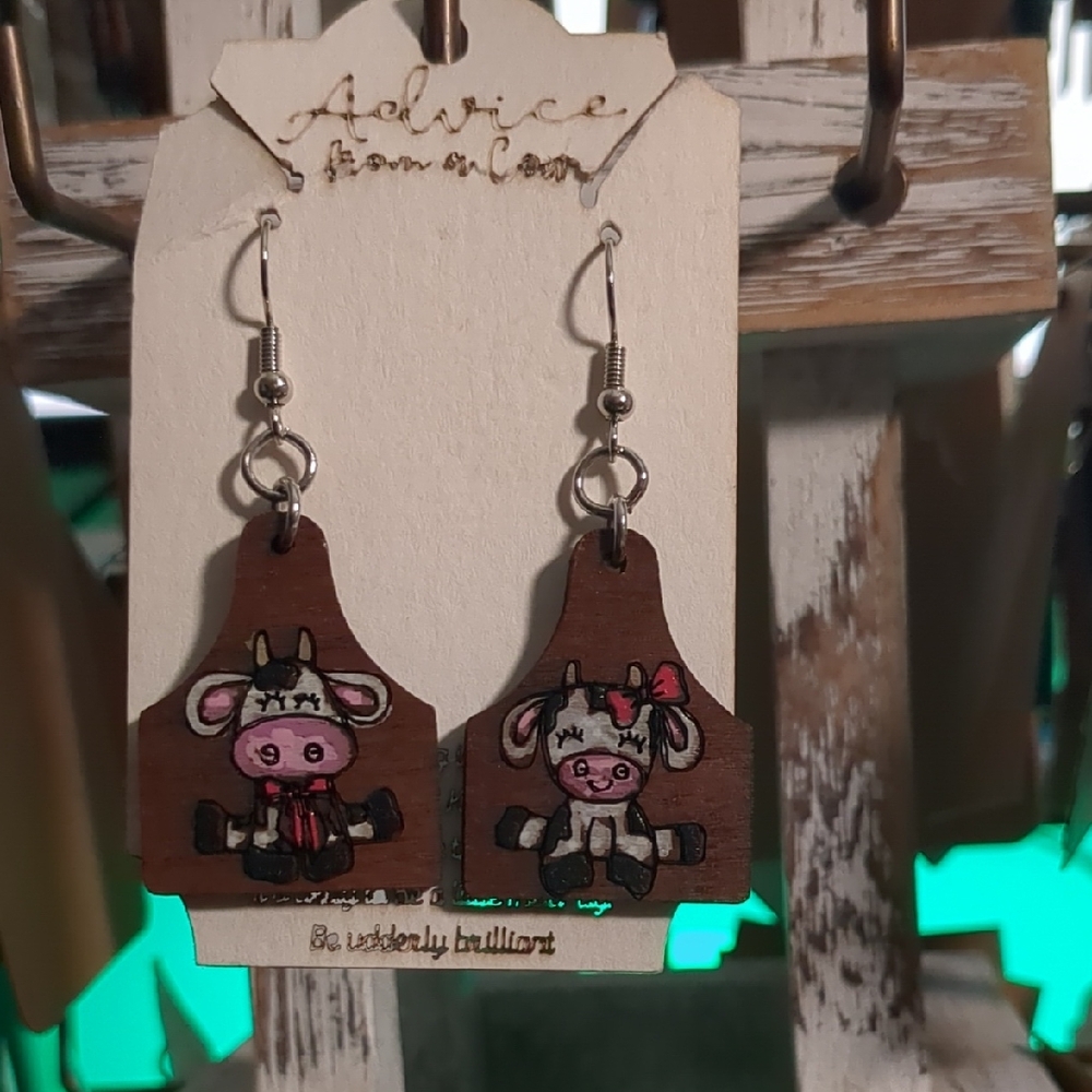 Hand Painted Highland Cow Dangle Earrings Pink Brown Wooden Western Boho
